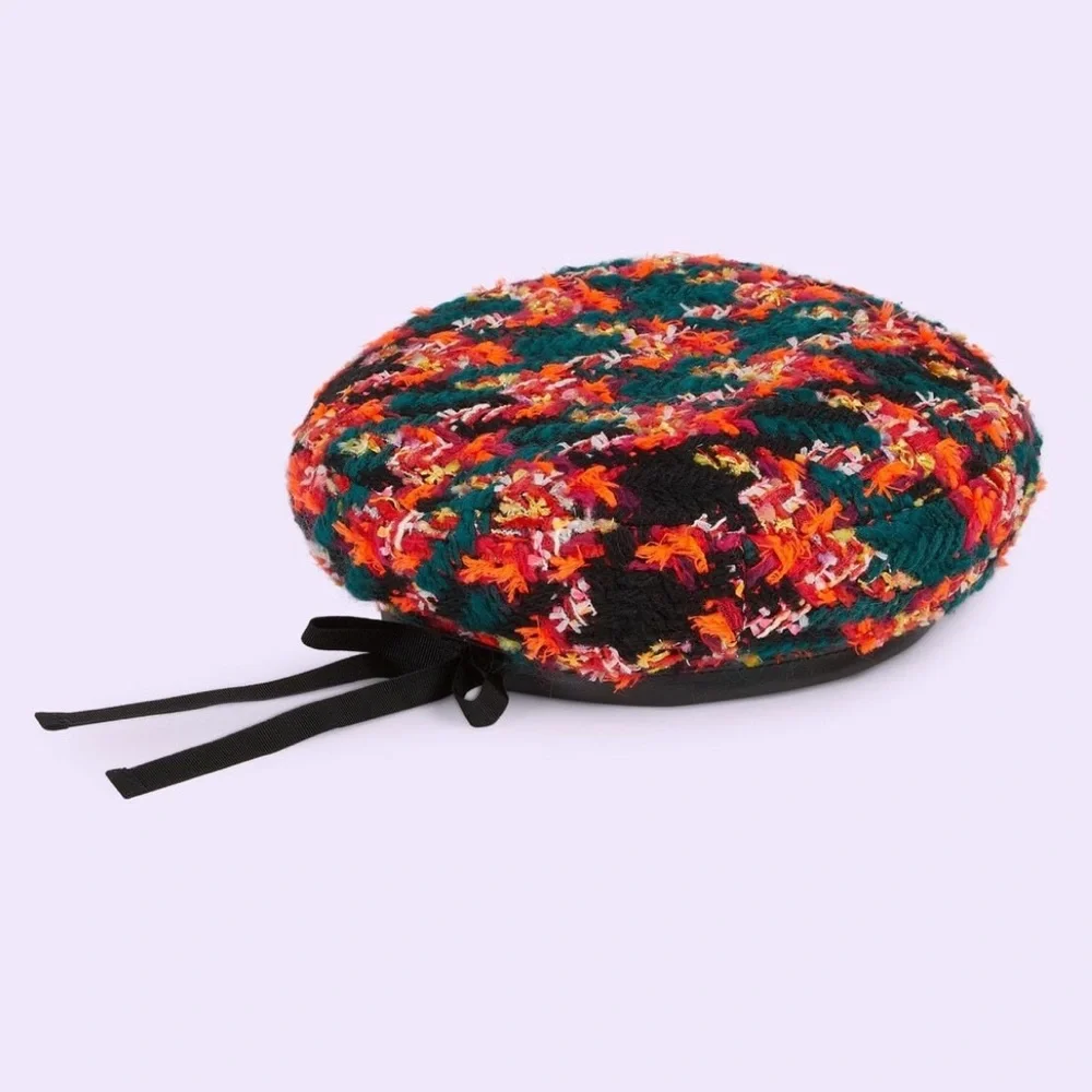 NWT GUCCI LAME BERET CAP Check Lame Sz S Multicolour Orange Tweed